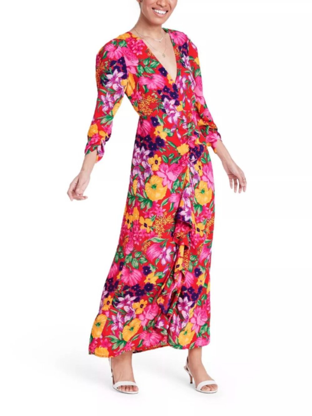 RIXO Tropical Floral Ruffle Open-Back Flowy High-Low Dress